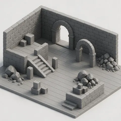 Grey clay 3D blockout of a game level with arches, crates and stairs