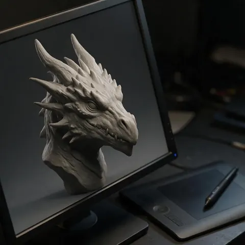 Monitor showing a grey clay dragon head sculpt next to a graphics tablet