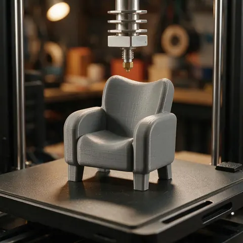 Grey 3D printed armchair miniature on a printer bed