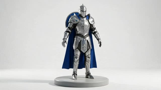 A stylised 3D knight character turns slowly on a studio turntable