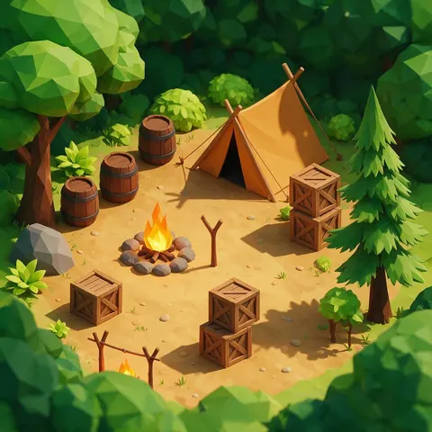 Low-poly 3D forest camp with barrels, crates and a tent