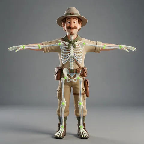 Cartoon 3D character in a T-pose with a skeleton rig overlay