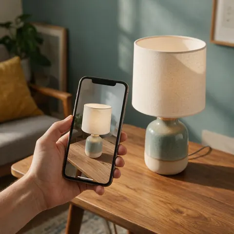 Phone showing an AR 3D lamp model placed on a wooden table