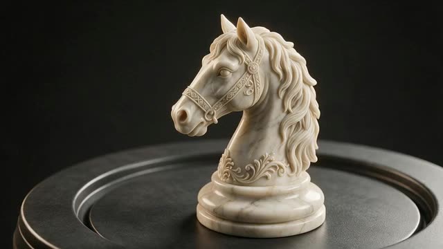 A marble chess knight 3D model turns slowly under studio lights
