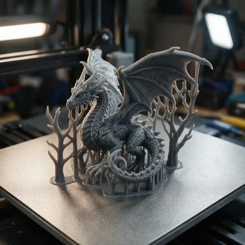 Resin printed dragon miniature on a printer build plate