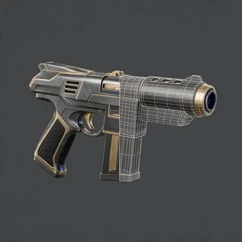 Sci-fi blaster 3D model with a quad wireframe overlay