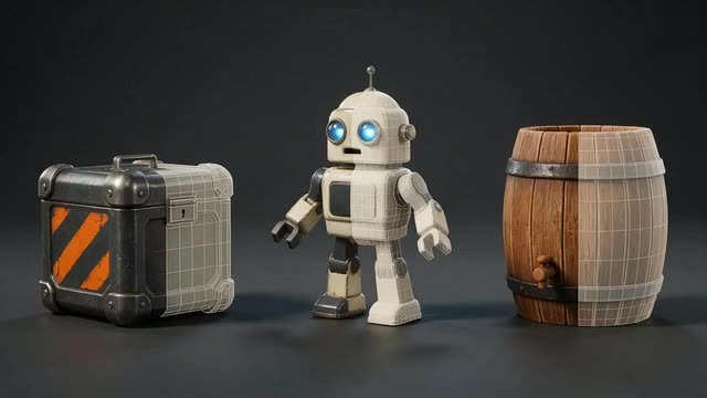 The camera drifts around game-ready 3D assets with quad wireframes