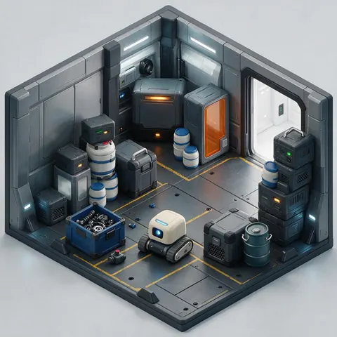Stylised sci-fi cargo bay game scene with crates and a robot