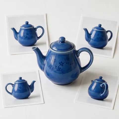 Four photos of a teapot from each side around its 3D model