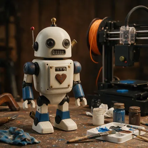 Painted 3D printed toy robot prototype next to a printer