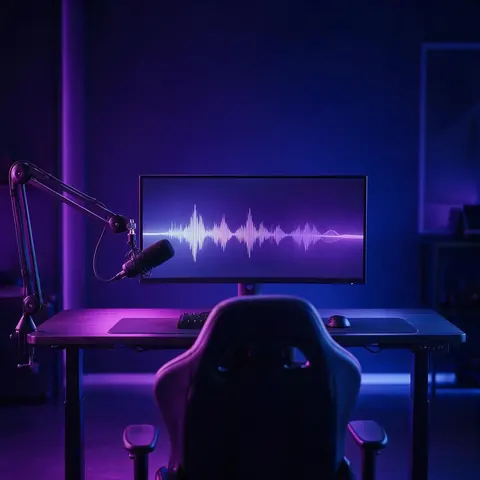 Stream setup with a microphone and a music waveform on screen