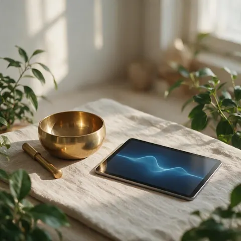 Singing bowl beside a tablet showing an ambient waveform
