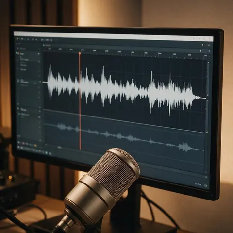Editing timeline with a voice track and a music bed below it