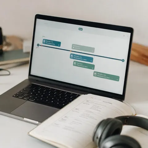 Laptop with a course timeline holding narration clips