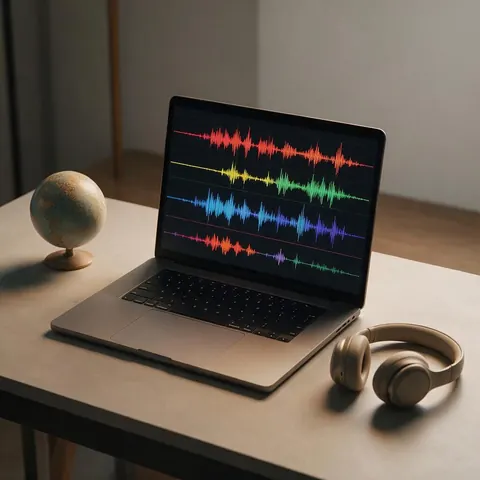 Laptop with stacked voice tracks beside a small globe