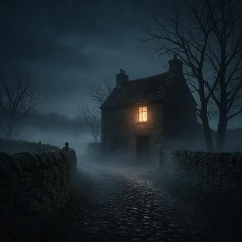 Old house at the end of a misty lane with one upstairs window lit at night