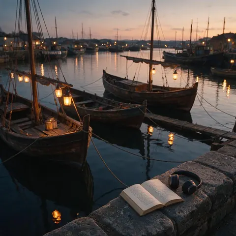 Book of poems and headphones on a ledge above a harbour of wooden ships at dusk
