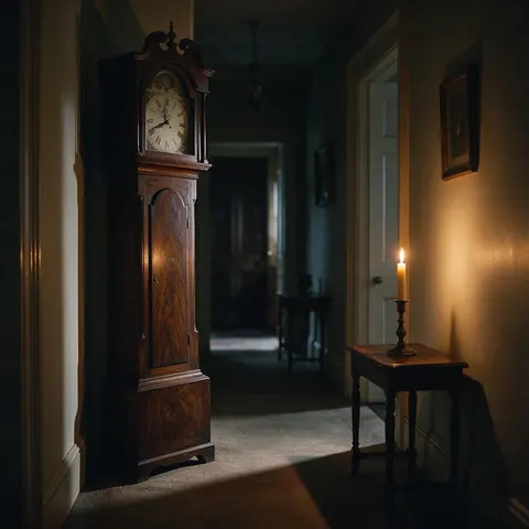 Dim manor hallway with a stopped grandfather clock and a single candle