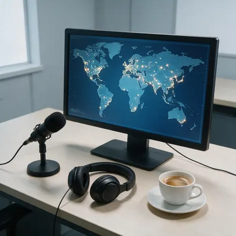 Monitor with a glowing world map beside a microphone and headphones