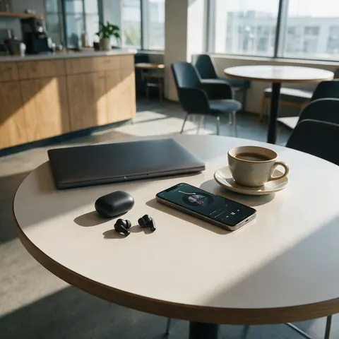 Earbuds and a phone playing audio on an office table with a laptop