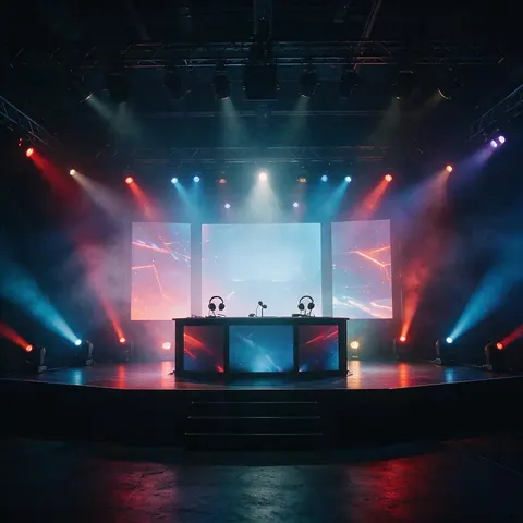 Esports casters' desk with headsets under coloured stage lights