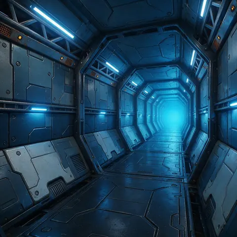 Sci-fi game corridor with detailed metal wall panels