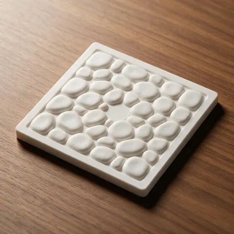 White 3D printed cobblestone relief tile in raking light