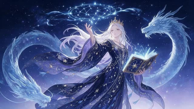 Looping push-in on an anime mage empress and a spirit dragon