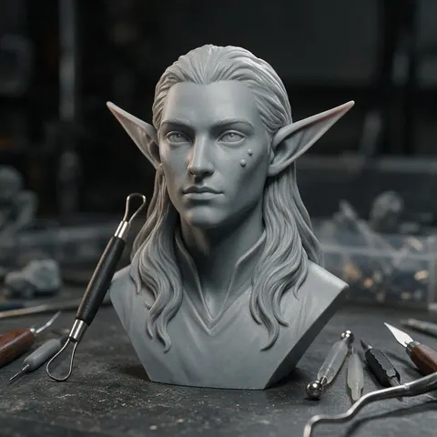 Grey 3D printed fantasy bust beside sculpting tools