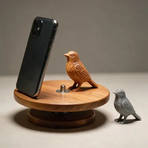 Carved wooden bird being scanned next to its grey 3D printed copy