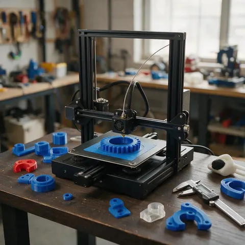 Makerspace 3D printer printing a blue gear among printed parts