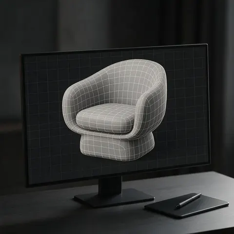Monitor showing an armchair model in wireframe over clay