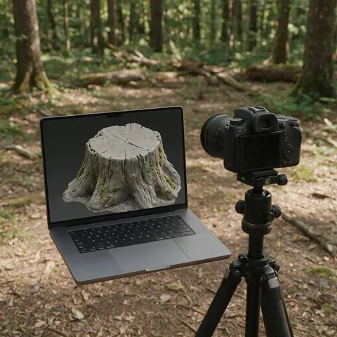 Laptop showing a clay tree stump scan next to a camera in a forest
