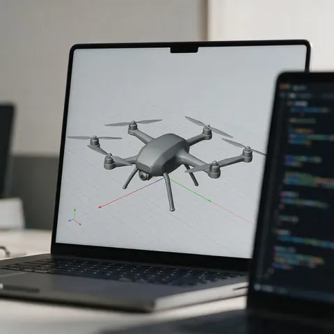 Laptop showing a drone model on a grid with axis arrows