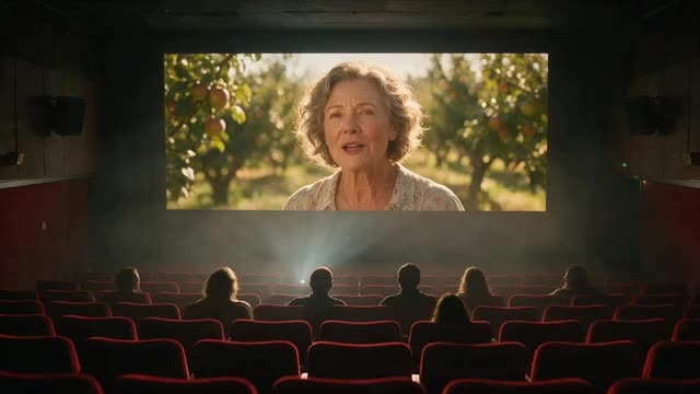 Looping clip of a cinema screen showing a woman speaking