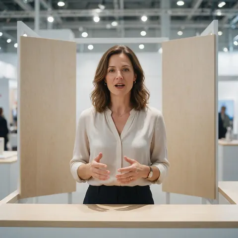 Exhibitor speaking to camera at a trade-show booth