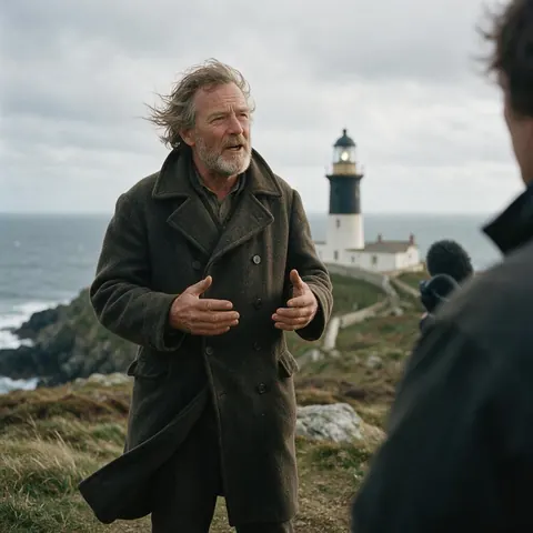 Lighthouse keeper speaking on a windy headland