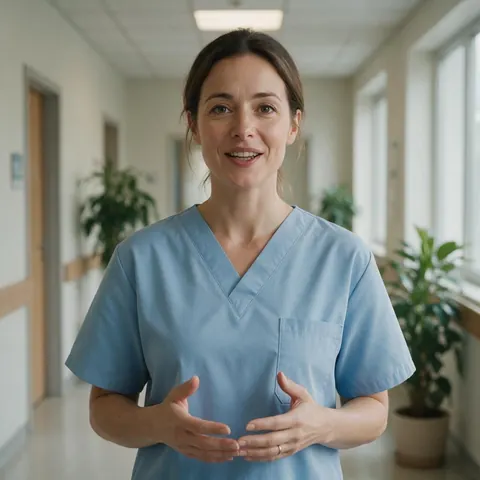 Nurse speaking to camera in a bright clinic corridor
