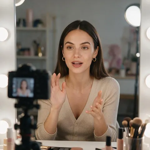 Beauty creator recording a vertical video at a vanity