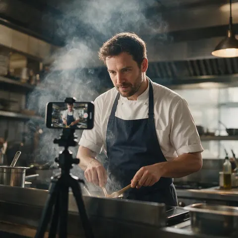 Chef filming a recipe short with a phone on a tripod in a kitchen