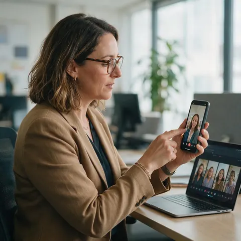 Marketing lead reviewing vertical videos on a phone at a desk