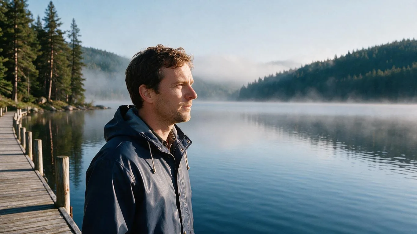 Original square photo of a man in a rain jacket on a wooden pier at a misty mountain lake, cut close at the sides (after)