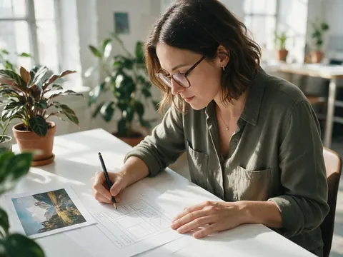 A designer sketching a website layout at a studio desk beside a printed landscape photo