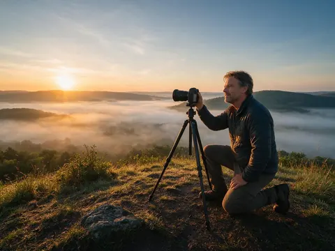 A photographer with a camera on a tripod on a hilltop at sunrise