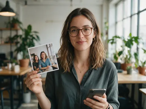 A woman holding a printed square photo and a phone in a co-working space