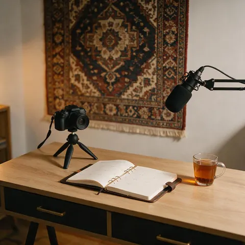 Desk with a planner, camera, microphone and tea in front of a patterned rug