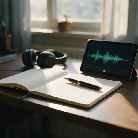 Study desk with calligraphy pen, notebook, headphones and an audio waveform