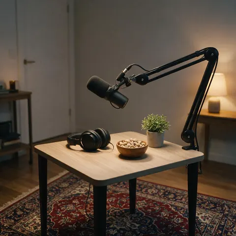 Podcast corner with a microphone, pistachios and a carpet under evening lamp light