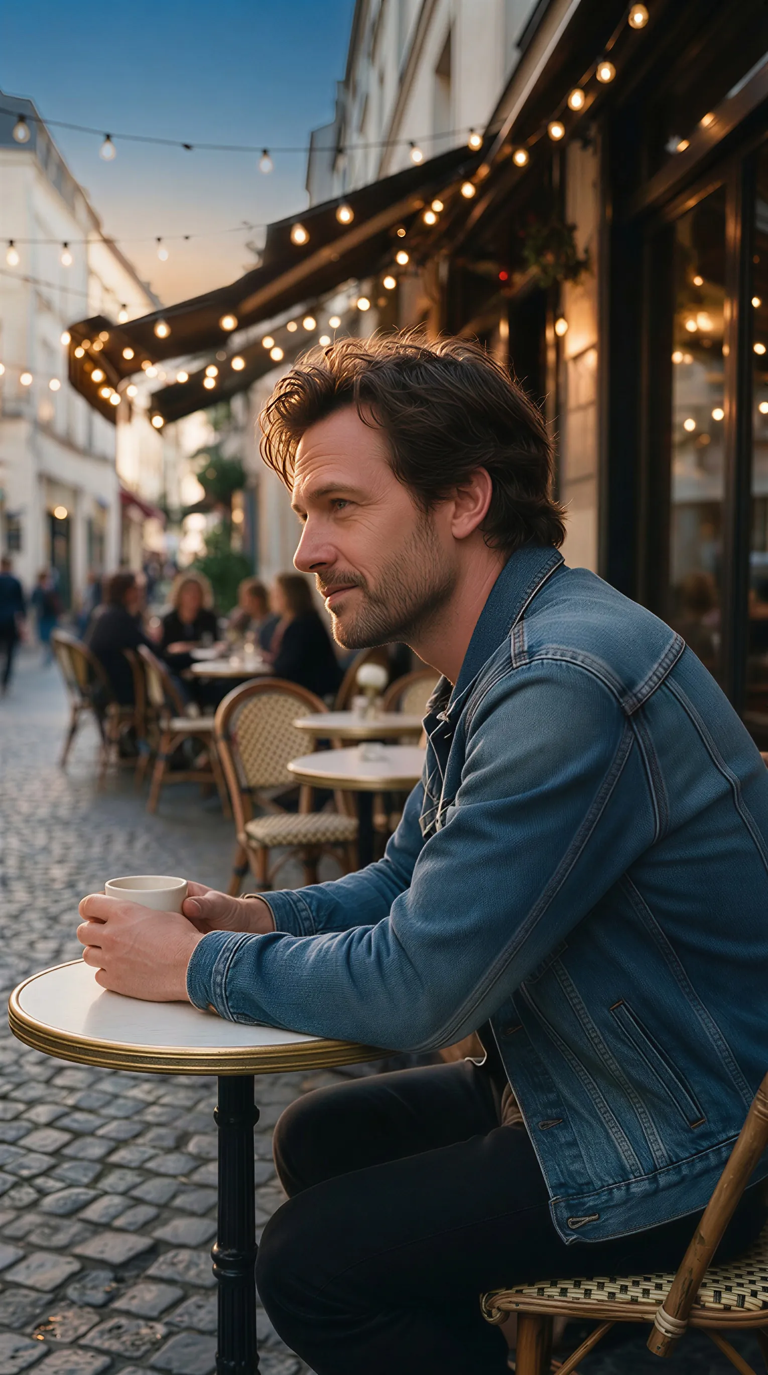 Vertical phone photo of a man at an outdoor cafe table on a cobblestone street (after)