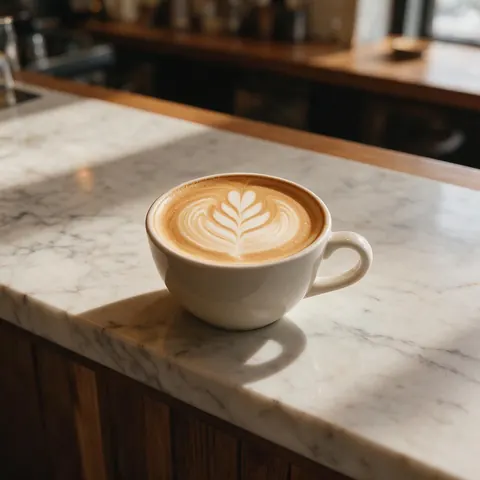 Tall photo of a latte on a marble counter in a warm cafe